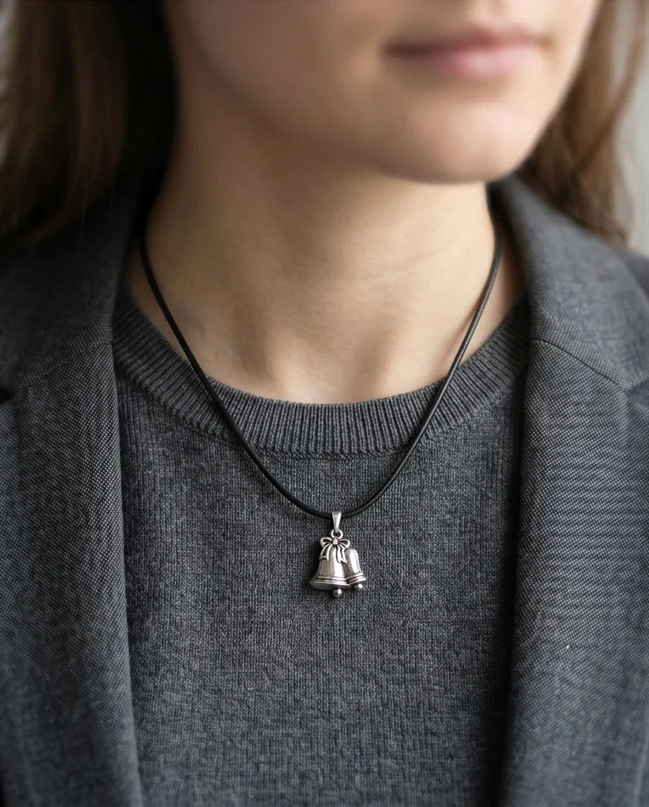 Silver Double Bells Ribbon Pendant Necklace