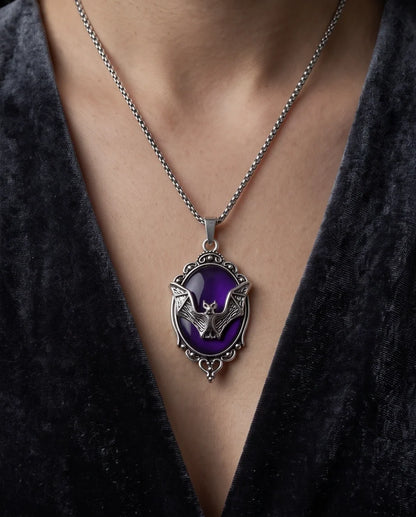 Silver Gothic Bat Purple Enamel Medallion Chain Necklace