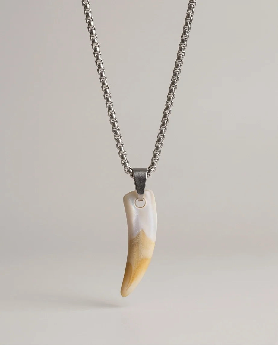 Silver Agate Tooth Pendant Chain Necklace