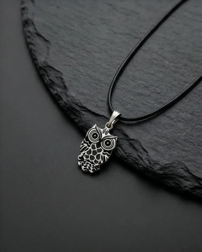 Intricate Monochrome Owl Totem Pendant Necklace
