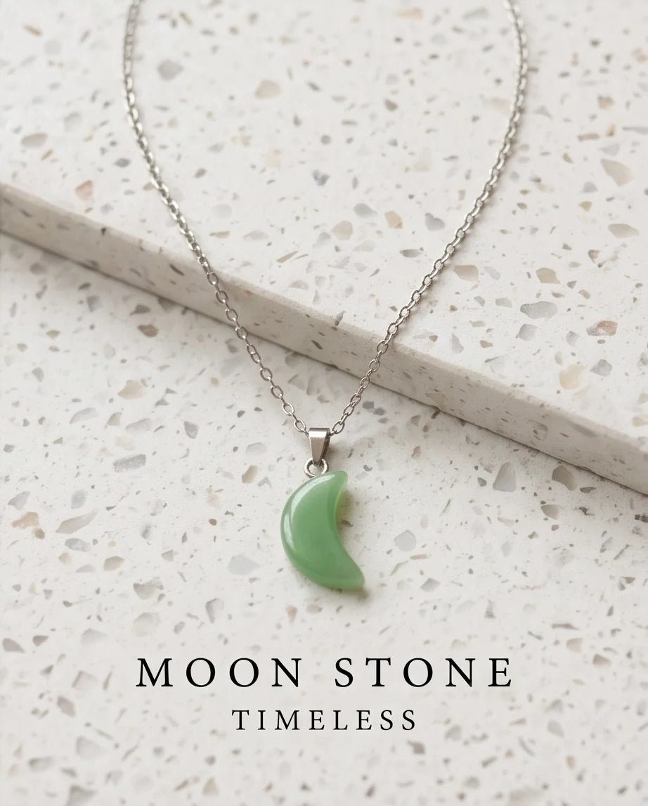 Silver Jade Green Crescent Moon Pendant Necklace