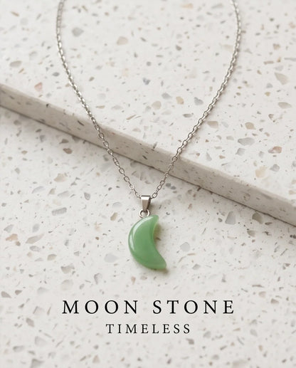 Silver Jade Green Crescent Moon Pendant Necklace