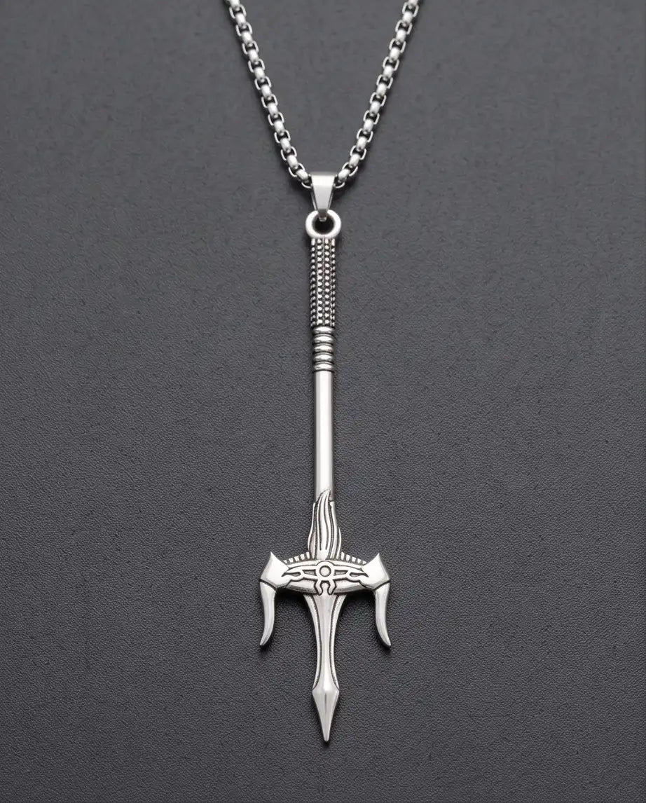 Silver Trident Spear Pendant Necklace