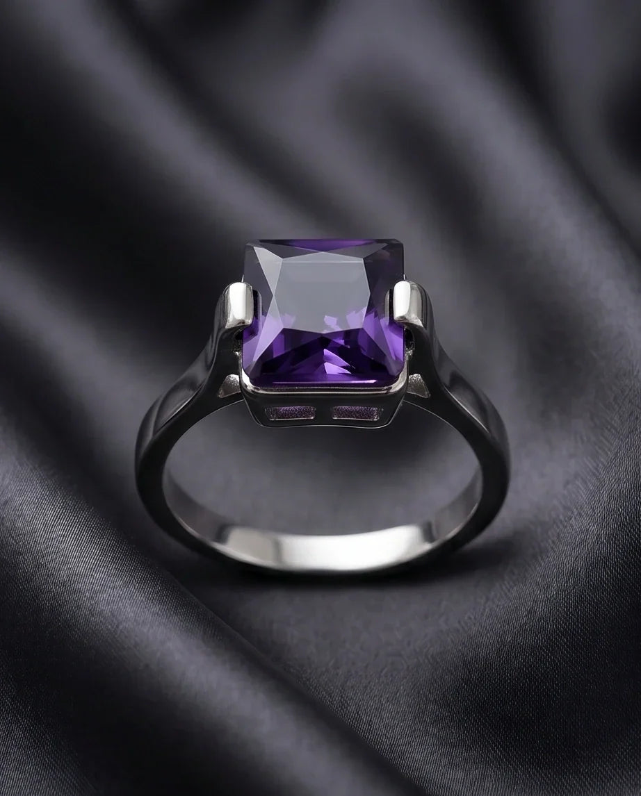 Sterling Silver Deep Amethyst Princess Cut Solitaire Ring