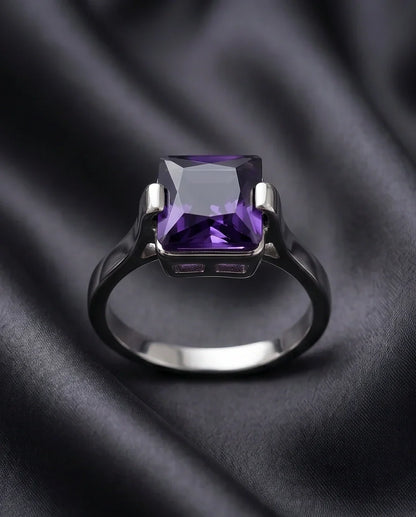 Sterling Silver Deep Amethyst Princess Cut Solitaire Ring