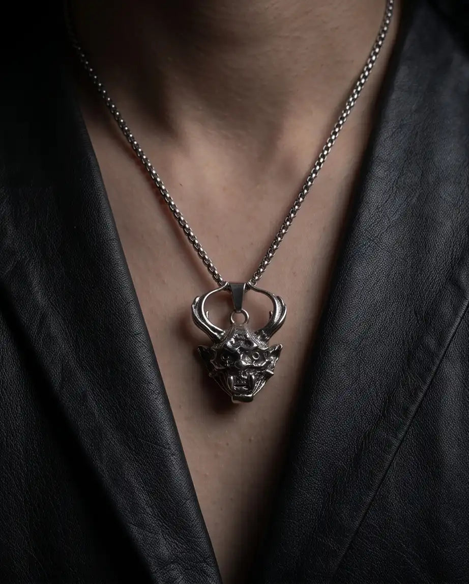 Antiqued Horned Oni Demon Mask Pendant Box Chain