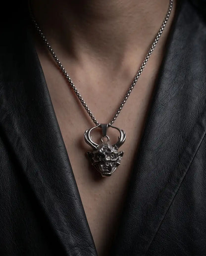 Antiqued Horned Oni Demon Mask Pendant Box Chain