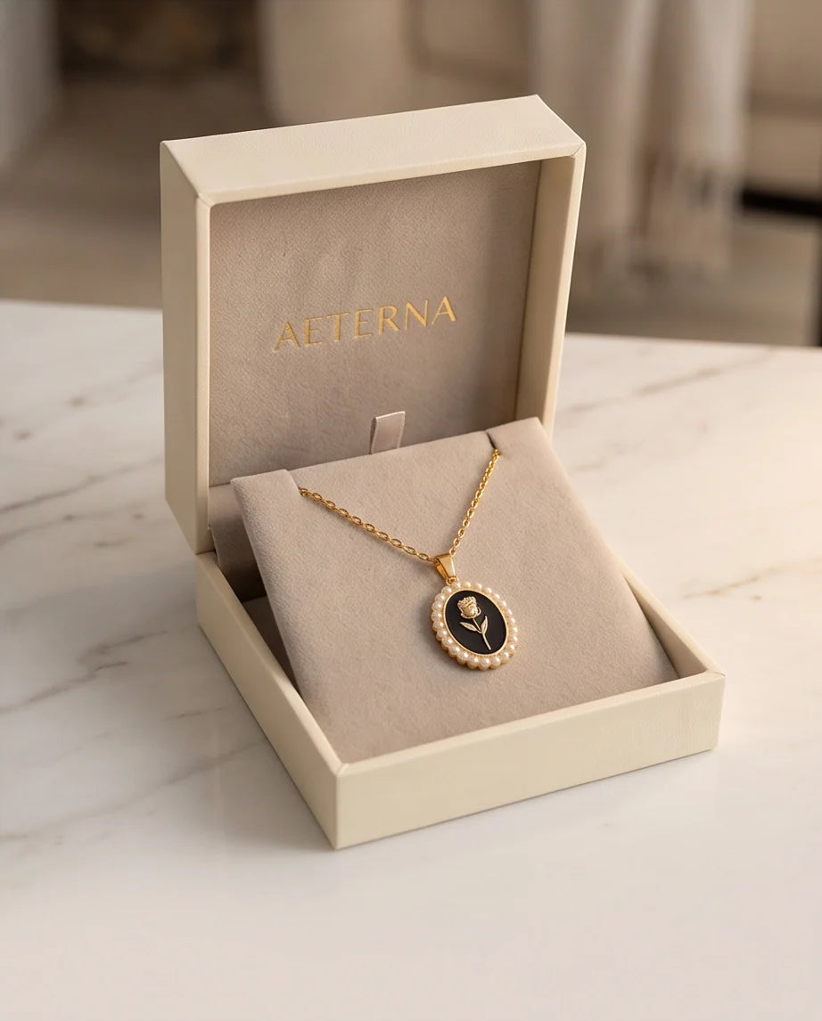 Gold Pearl Frame Black Enamel Rose Oval Pendant Necklace