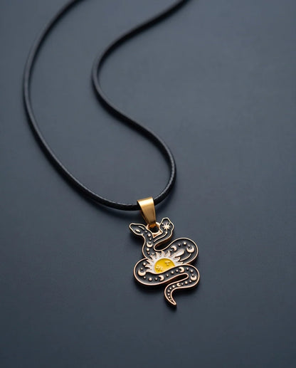 Gold Sunburst Serpent Enamel Pendant Necklace