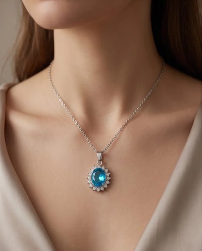 Silver Aquamarine Blue Oval Halo Medallion Pendant Necklace