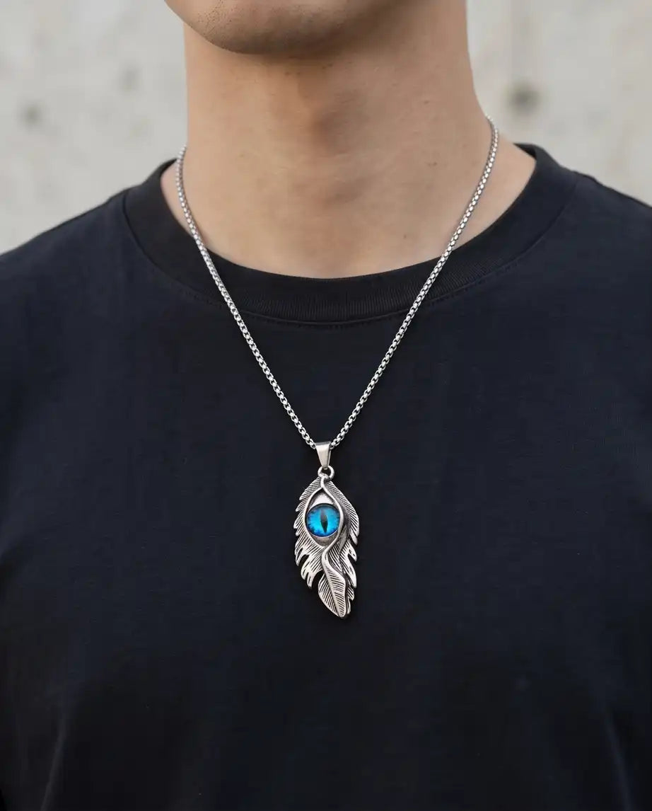 Blue Dragon Eye Feather Pendant Box Chain