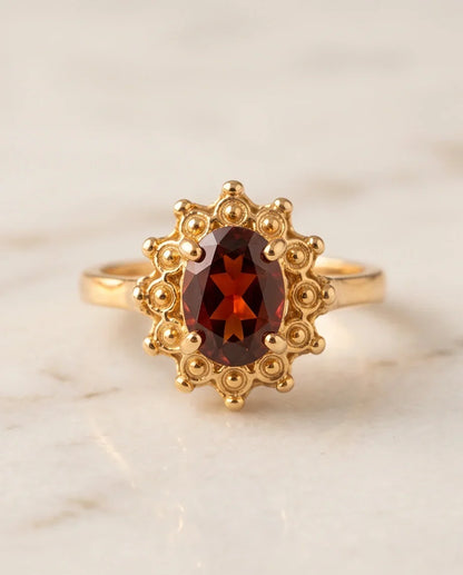 Vintage Gold Oval Garnet Victorian Halo Ring