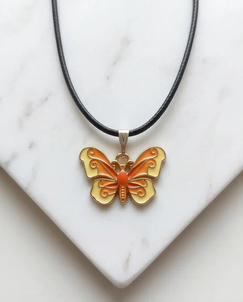 Orange & Yellow Enamel Butterfly Pendant Necklace