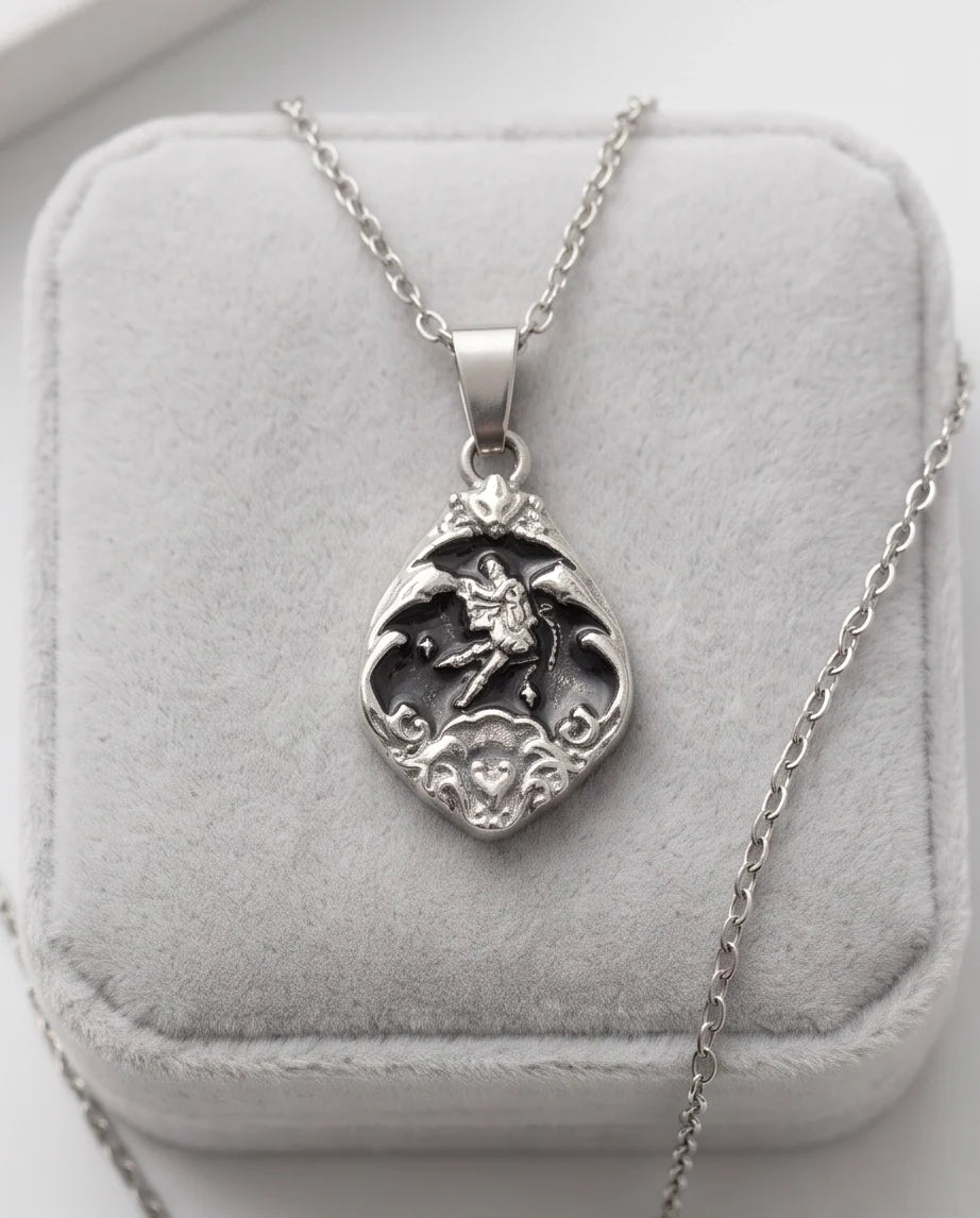 Silver Vintage Cherub Black Enamel Teardrop Pendant Necklace