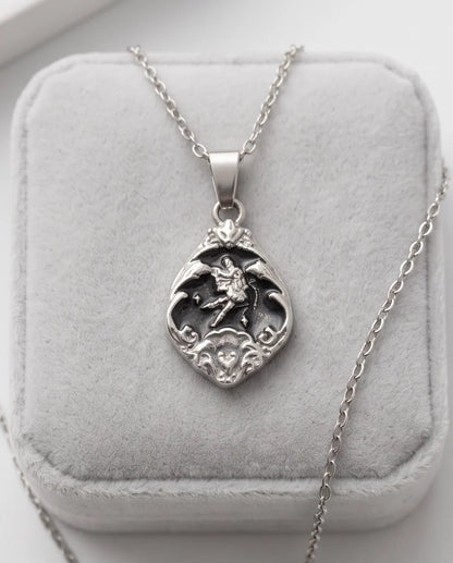 Silver Vintage Cherub Black Enamel Teardrop Pendant Necklace
