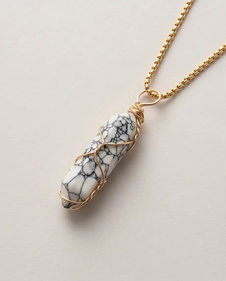 Wire-Wrapped White Howlite Crystal Point Pendant Box Chain