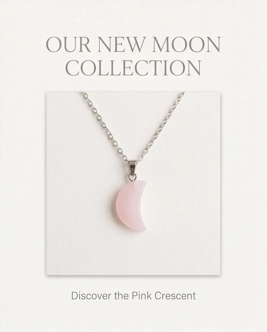 Silver Rose Quartz Pink Crescent Moon Pendant Necklace