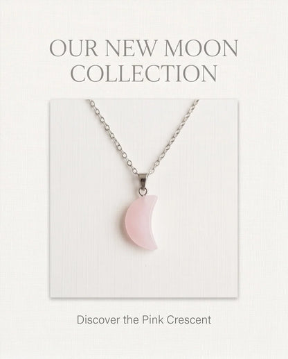 Silver Rose Quartz Pink Crescent Moon Pendant Necklace