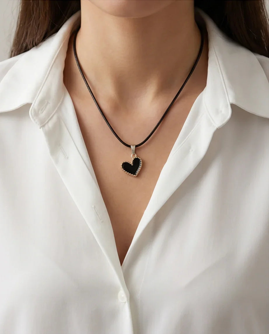 Gold Beaded Black Enamel Heart Necklace